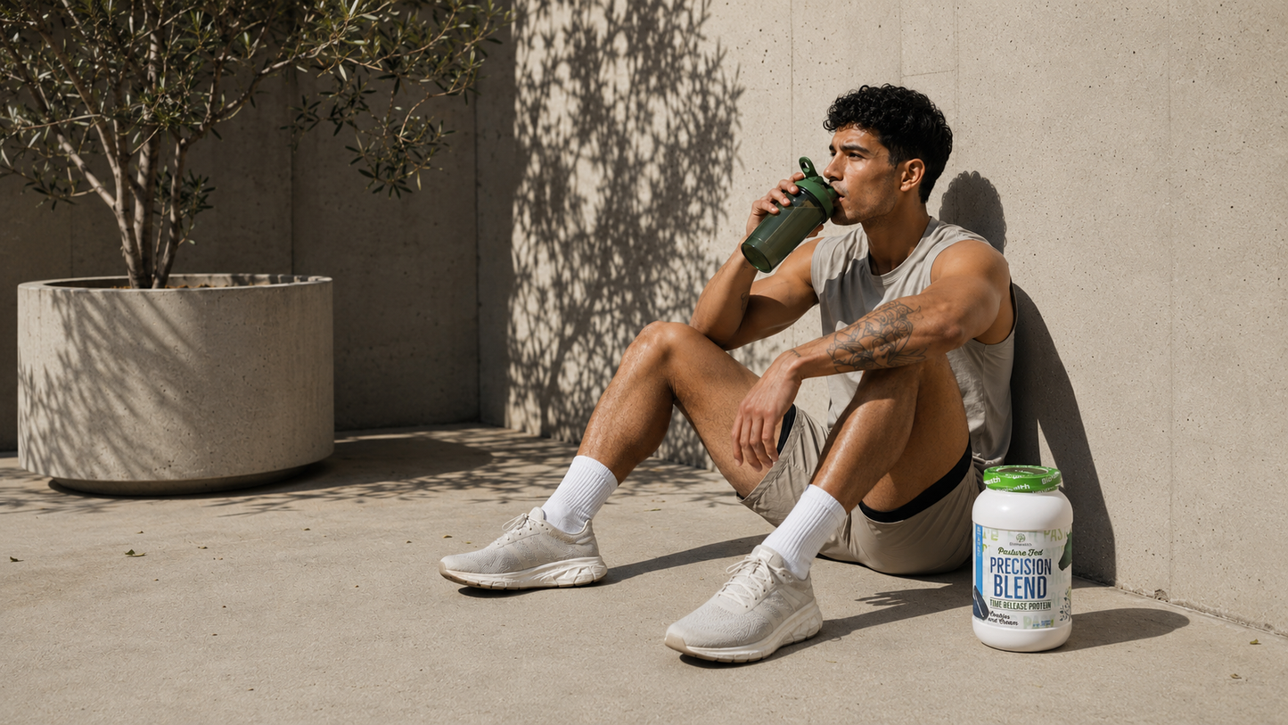 A man sits on a concrete patio against a wall, drinking from a green bottle. He is wearing a gray tank top, shorts, and white sneakers.