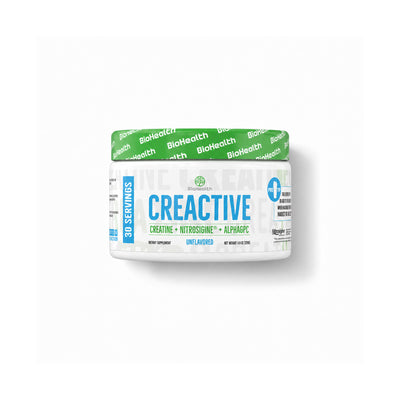 A white plastic tub of Creatine Nitrosamine and AlphaPC dietary supplement by Life Extension, featuring a green BioHealth branded lid and blue 'CREATIVE' text on the front, set against a plain white background with a soft drop shadow.