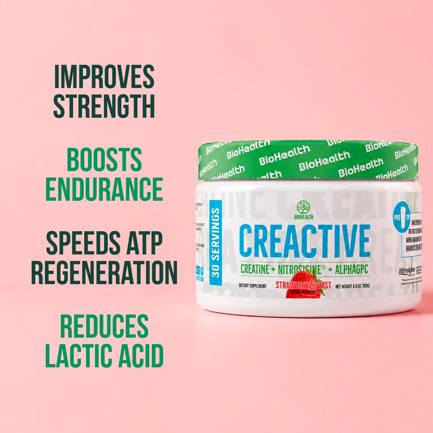 A white tub of BioHealth Creative dietary supplement with a green lid, set against a solid pink background with green text highlighting its benefits.