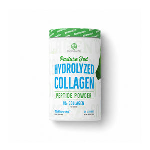 A container of BioHealth Pasture Fed Hydrolyzed Collagen Peptide Powder, 10g collagen, 10 flavourless, featuring a white and green label with blue text, on a white background.