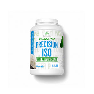 A white plastic tub of BioBoosts Pasture Fed Precision ISO Whey Protein Isolate in Vanilla flavor, 1.5 lbs, shown on a white background with a soft drop shadow.