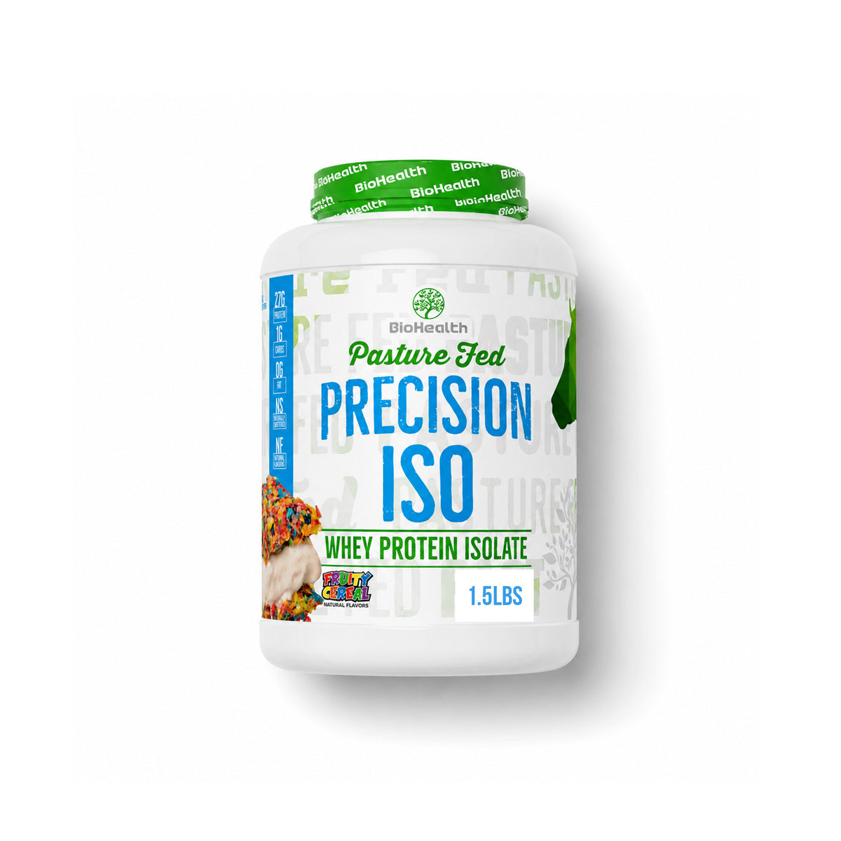 A 4lb white tub of BioHealth Pasture Fed Precision ISO Whey Protein Isolate, featuring a green and white label with blue text, set against a plain white background.