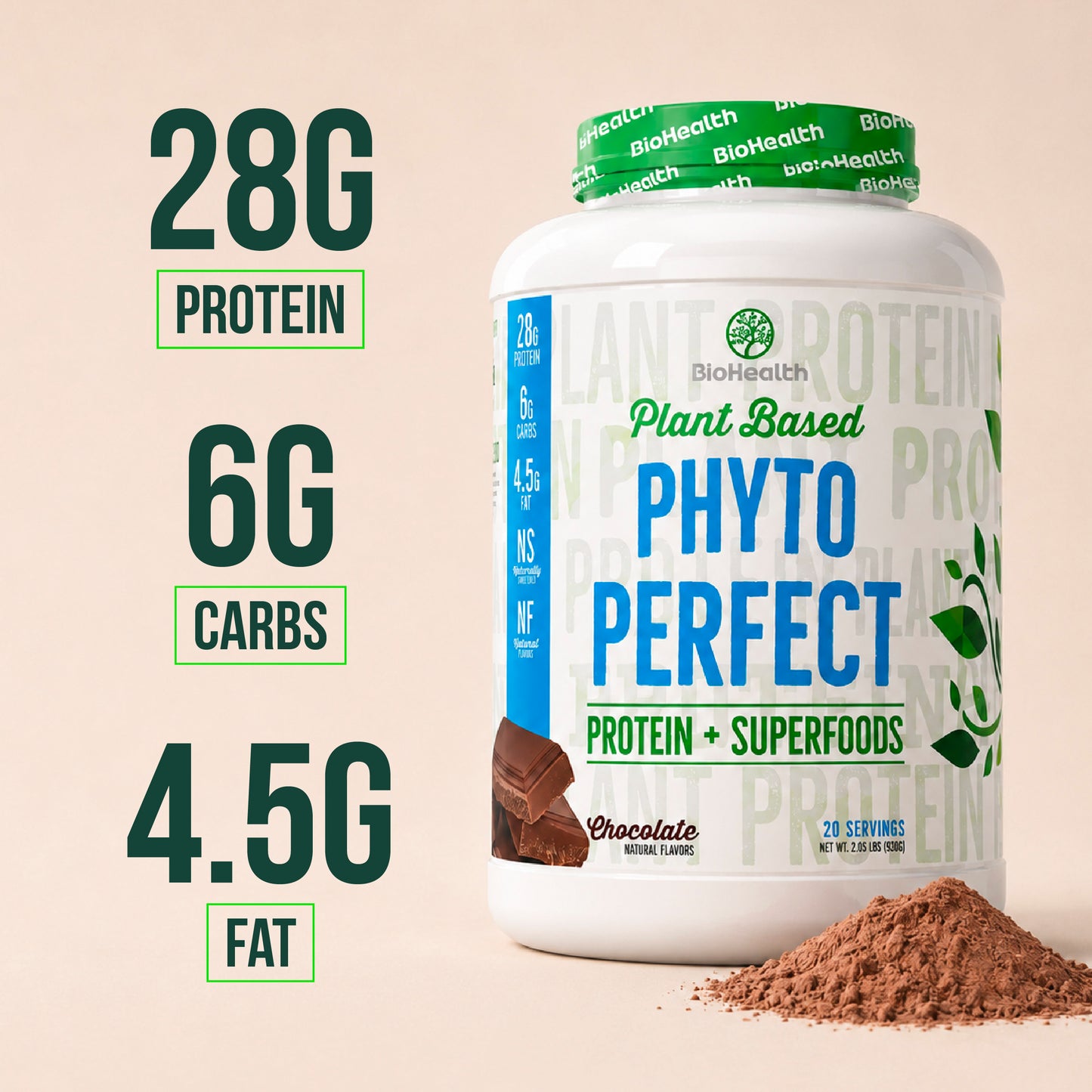 BioHealth Phyto Perfect protein powder tub in chocolate flavor, shown with a scoop of brown powder in front on a light beige background. Large text on the left reads 28G Protein, 6G Carbs, and 4.