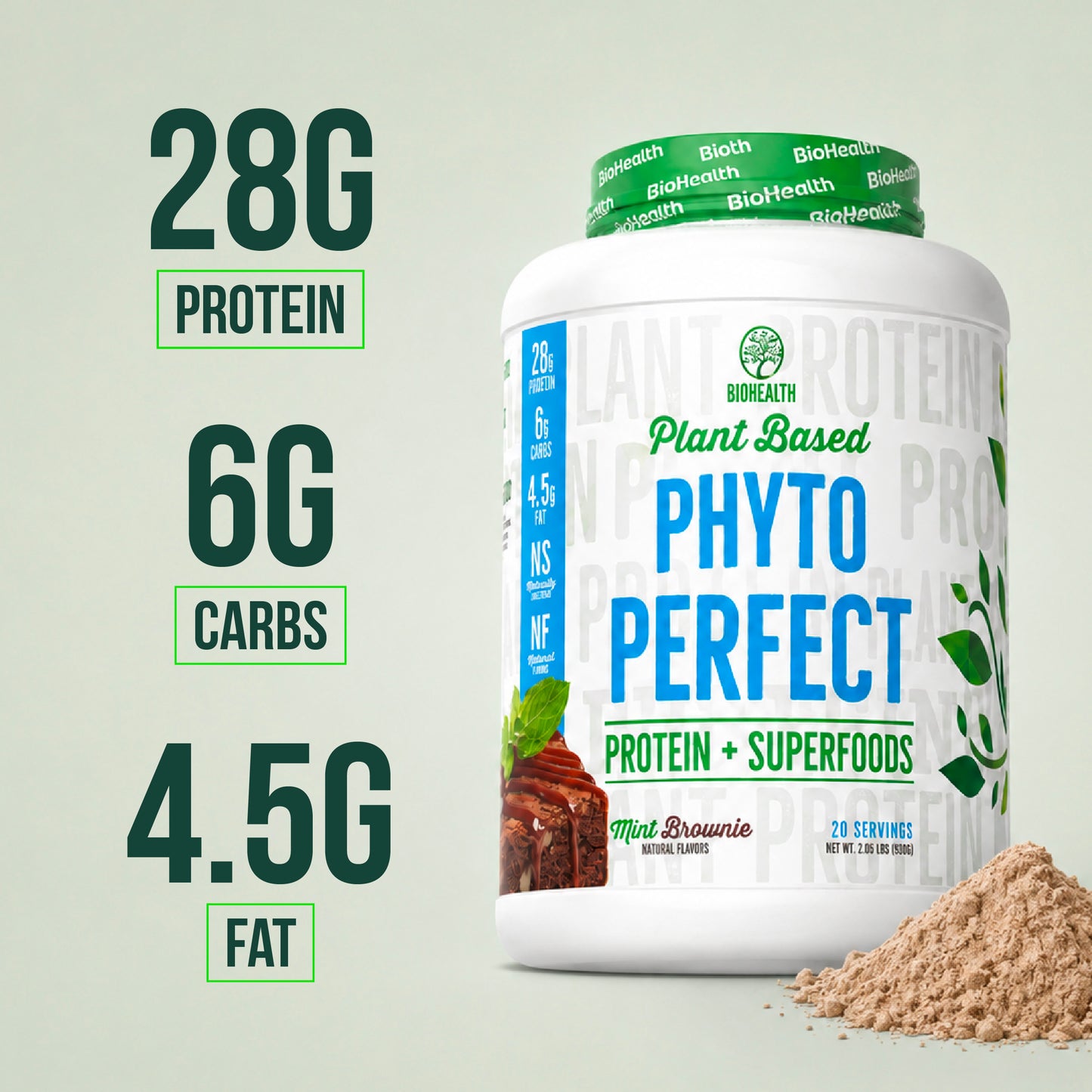 A white tub of Biomealth Plant Based Phyto Perfect protein powder with a green cap, shown next to a pile of light brown powder. The background is a light sage green, with dark green text on the left detailing the nutritional facts: 28G Protein, 6G Carbs, and 4.