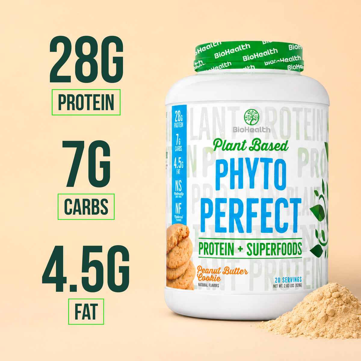 BioHealth Phyto Perfect Plant Based Protein powder tub in Peanut Butter Cookie flavor, shown with a small pile of powder on a warm beige background with large nutritional callouts reading 28G Protein, 7G Carbs, and 4.5G Fat.