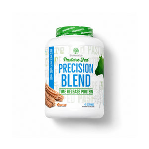 A white plastic tub of Biohealth Pasture Fed Precision Blend Time Release Protein powder, featuring a green cap and a label with blue and green text, set against a plain white background with a soft shadow.