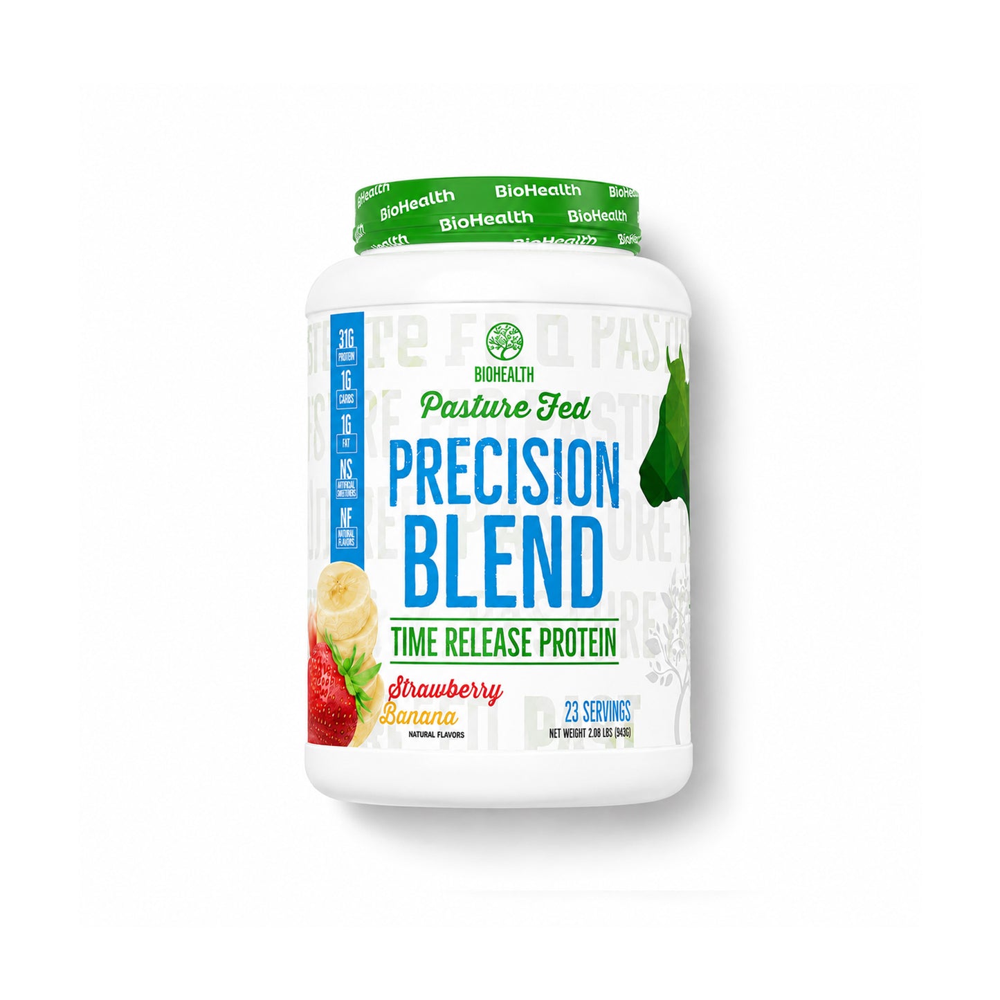 A white plastic tub of BioHealth Precision Blend Time Release Protein powder in Strawberry Banana flavor, featuring a green lid and a label with blue and green text, set against a plain white background.