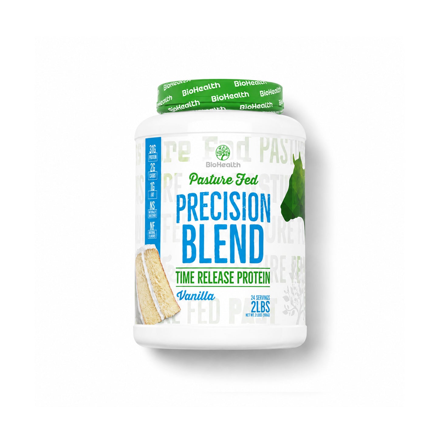 A white tub of BioHealth Pasture Fed Precision Blend Time Release Protein powder in Vanilla flavor, featuring a green lid and blue text on the label.