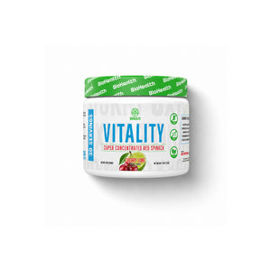 A white plastic tub of BioHealth Vitality Super Concentrated Red Spinach flavor with a green lid, shown on a clean white background with a soft drop shadow.
