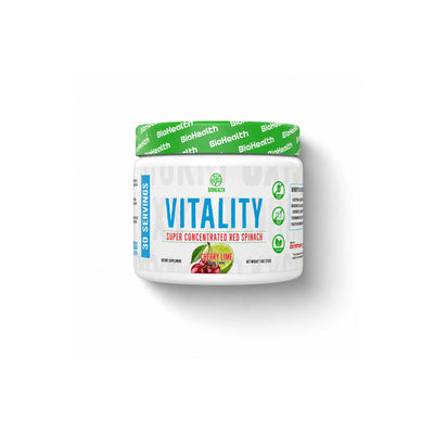 A white plastic tub of BioHealth Vitality Super Concentrated Red Spinach flavor with a green lid, shown on a clean white background with a soft drop shadow.