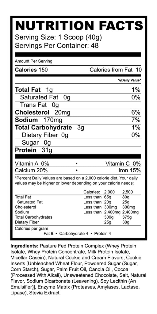 Pasture Fed BLEND Protein Nutrition Facts Cookies & Cream - BioHealth 